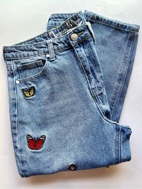 Organic Blue Butterfly Embroidered Mom Jeans Size 5 / 27